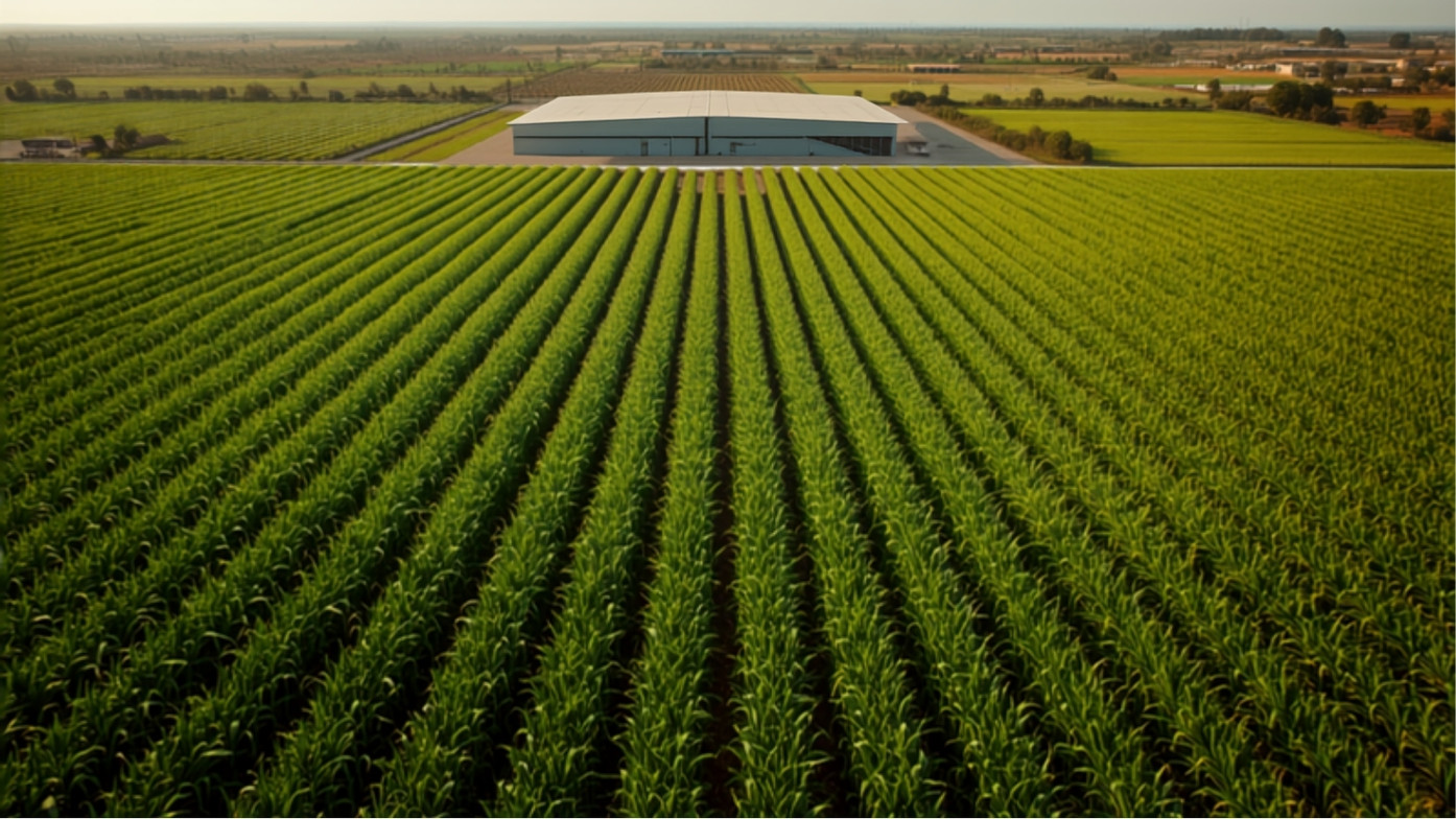 An aerial view of a commercial crop plantation with a processing warehouse beyond the field
