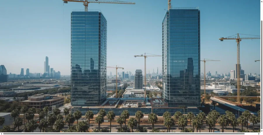 Modern commercial office buildings with glass facades