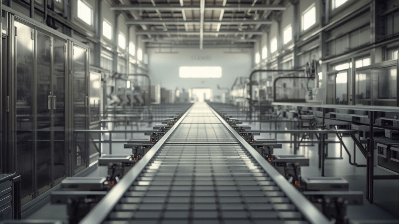 The interior of a modern manufacturing plant with a stainless steel production line