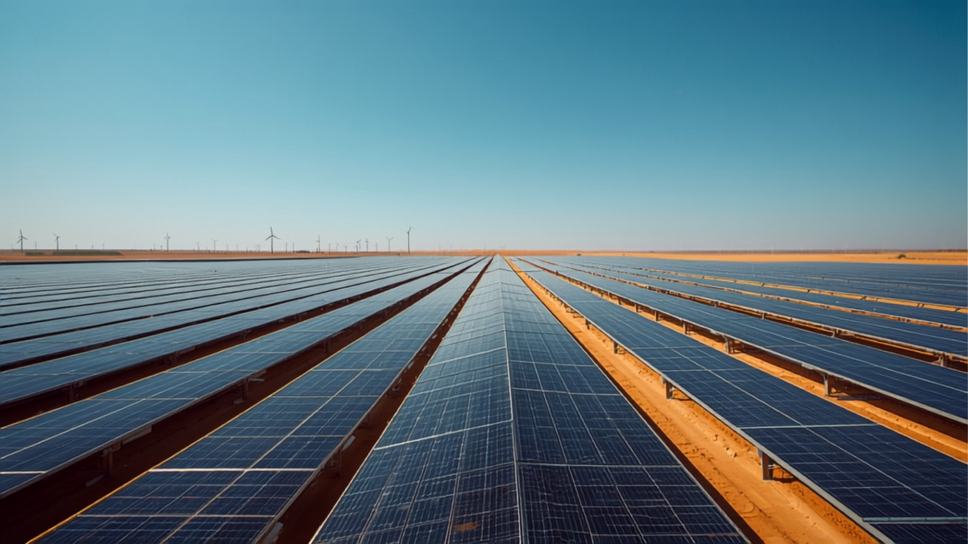 Rows of photovoltaic panels on a utility-scale solar farm under a clear sky