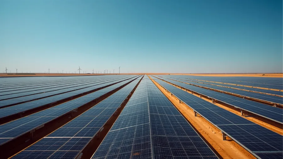 Rows of photovoltaic panels on a utility-scale solar farm under a clear sky